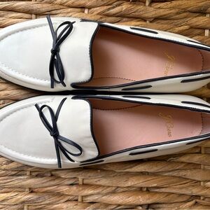 J. Crew Women's Cream Leather Loafers with Black Trim & Bow